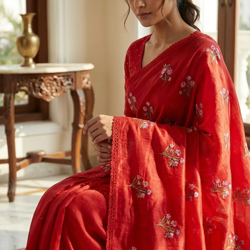 RED TUSSAR SILK SAREE