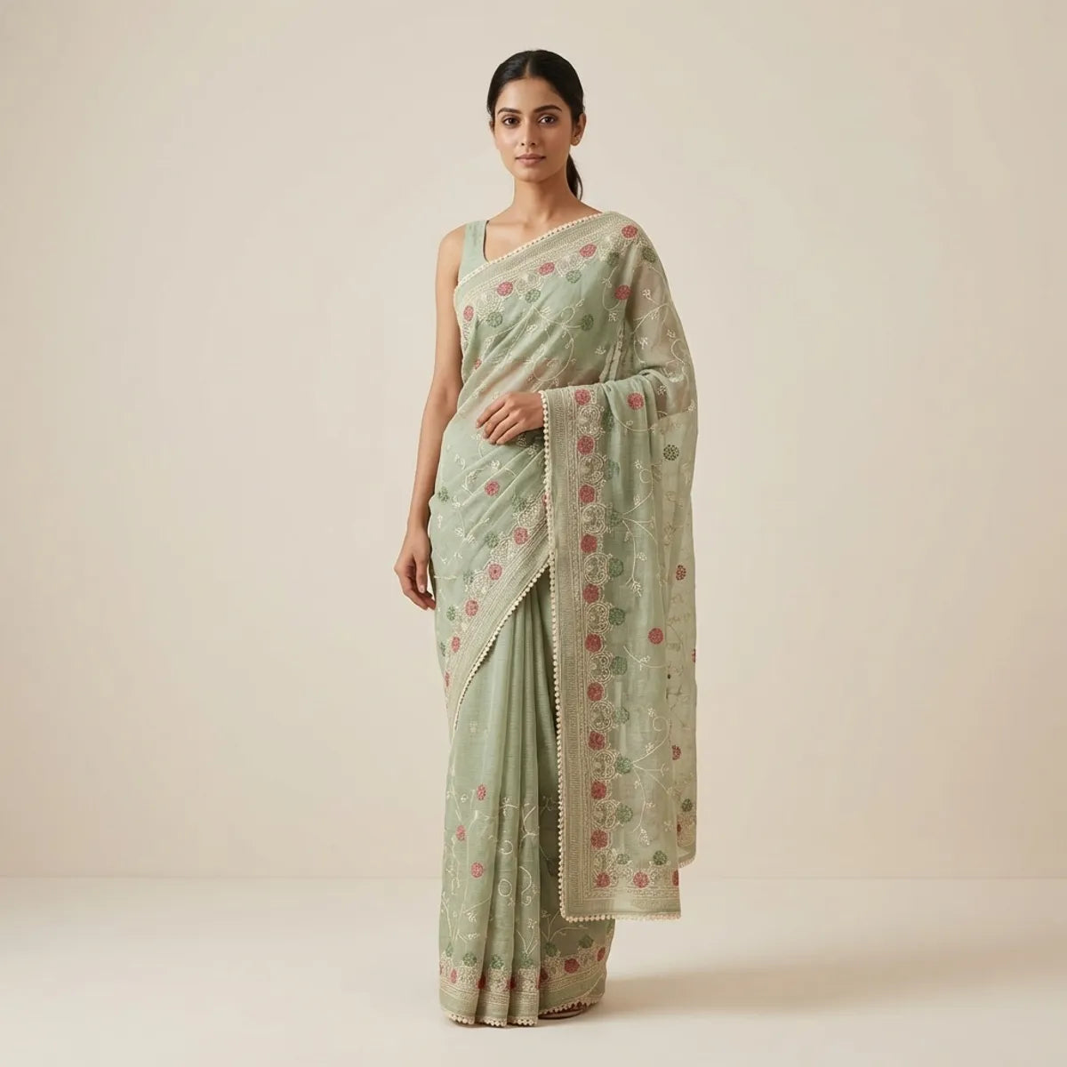 SAGE GREEN KOTA EMBROIDERY SAREE