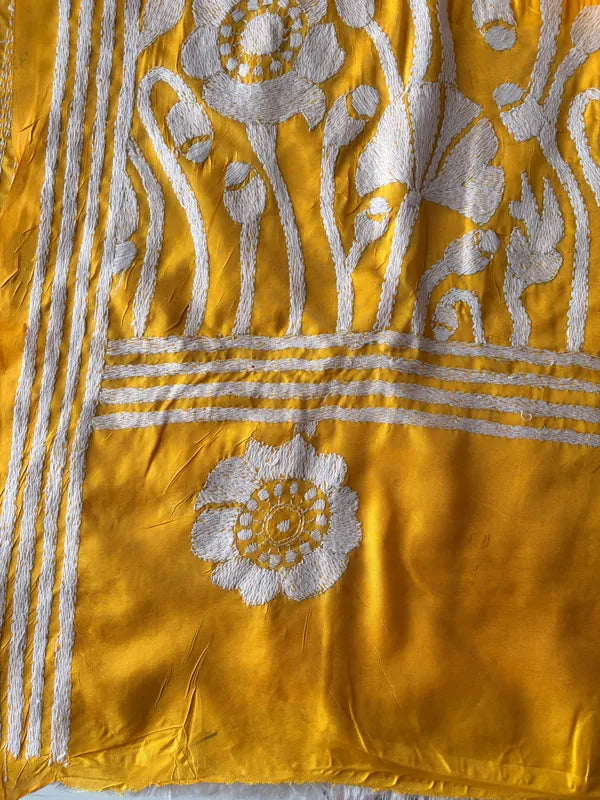 YELLOW SILK KATHA STITCH SAREE