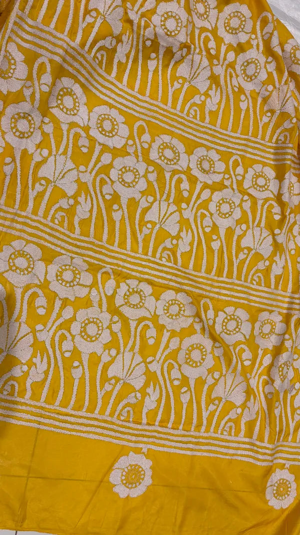 YELLOW SILK KATHA STITCH SAREE