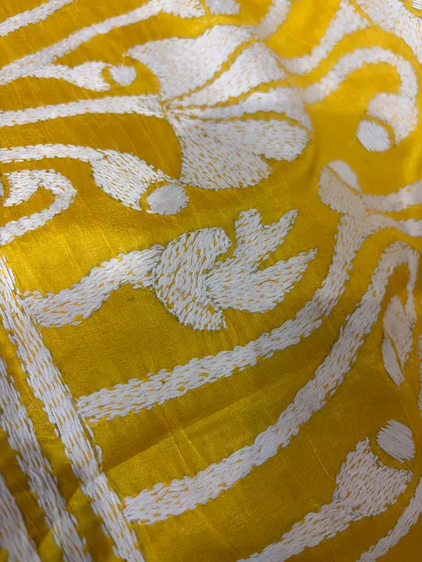 YELLOW SILK KATHA STITCH SAREE
