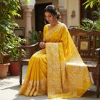YELLOW SILK KATHA STITCH SAREE