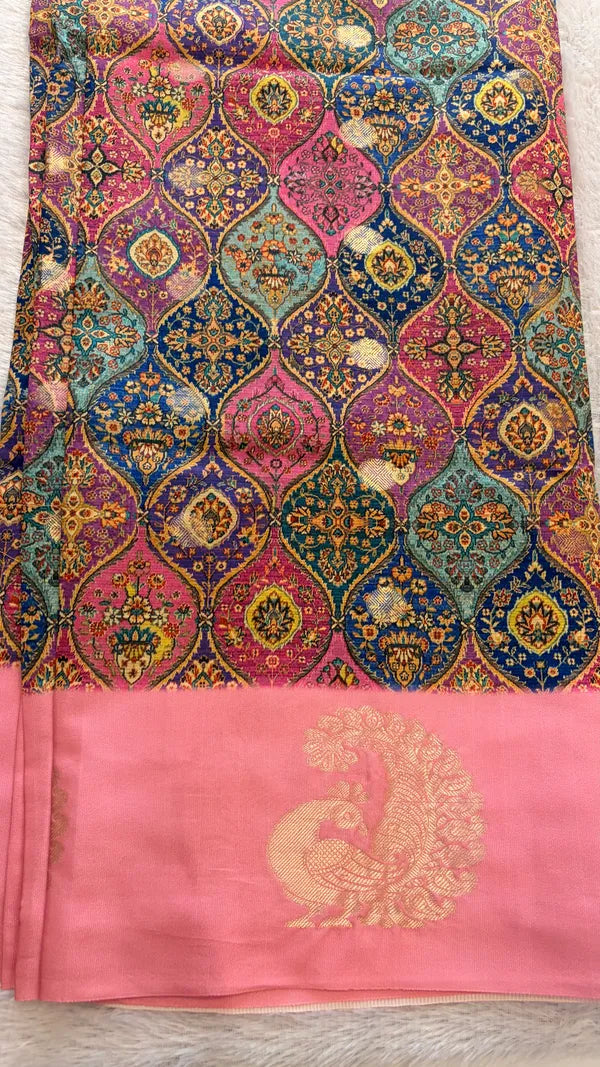 BLUE & PINK PRINTED SILK SAREE