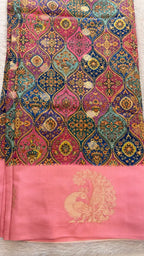 BLUE & PINK PRINTED SILK SAREE