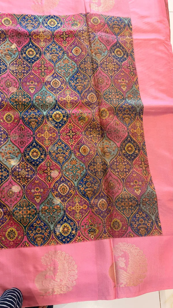 BLUE & PINK PRINTED SILK SAREE