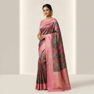BLUE & PINK PRINTED SILK SAREE