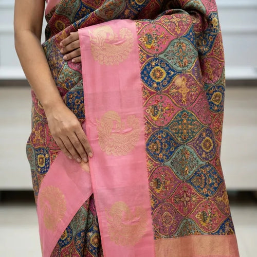 BLUE & PINK PRINTED SILK SAREE