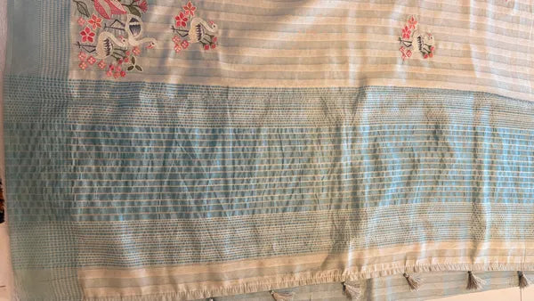 BLUE AND WHITE TUSSAR SILK SAREE