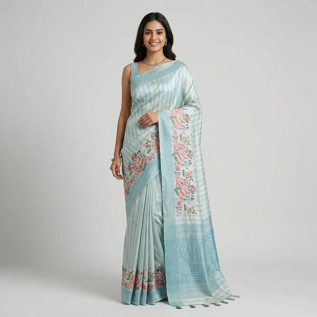 BLUE AND WHITE TUSSAR SILK SAREE
