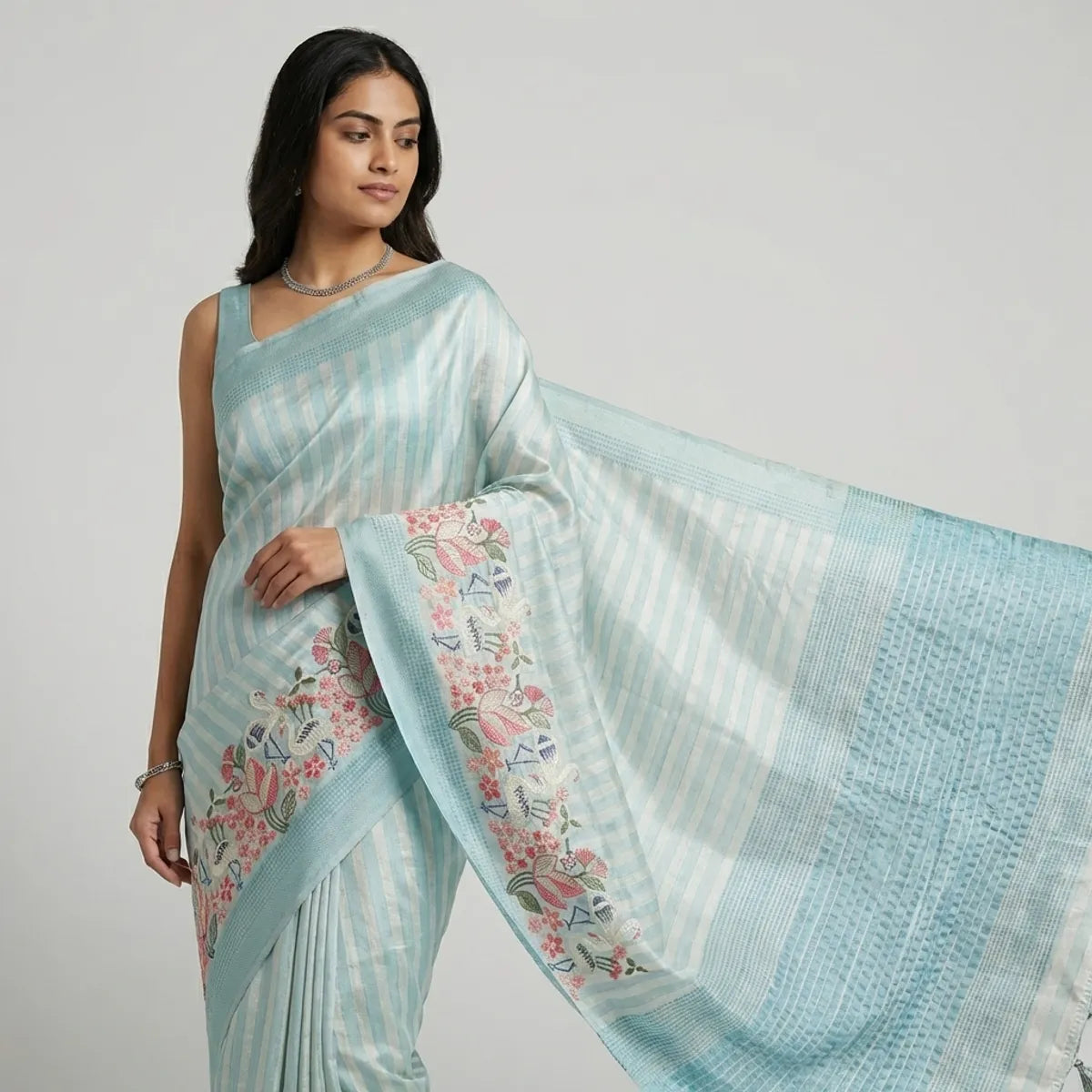 BLUE AND WHITE TUSSAR SILK SAREE