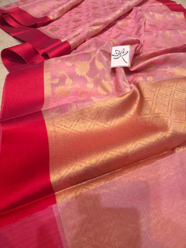 PINK AND RED KORA SILK SAREE
