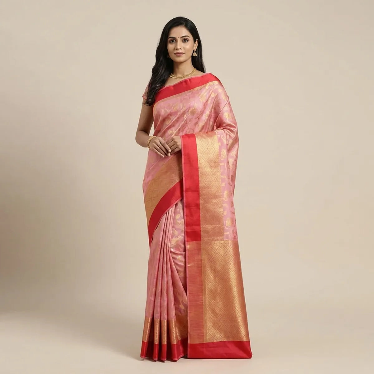 PINK AND RED KORA SILK SAREE