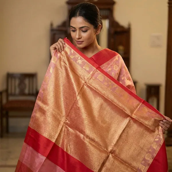 PINK AND RED KORA SILK SAREE