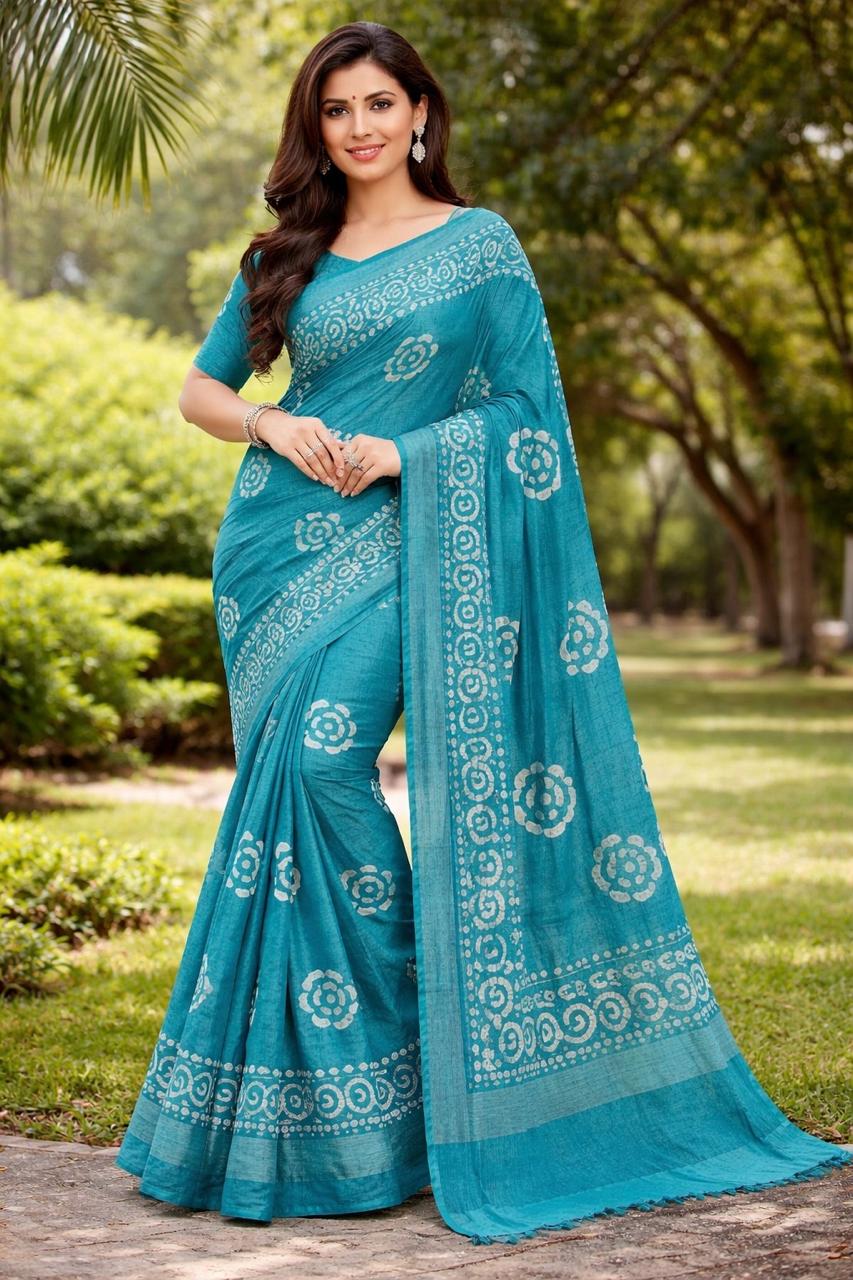 BLUE BHAGALPURI, BATIK PRINT COTTON SAREE