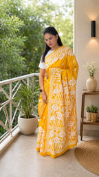YELLOW SILK KATHA STITCH SAREE