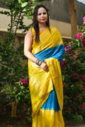 BLUE WITH YELLOW CRAPE SILK SAREE