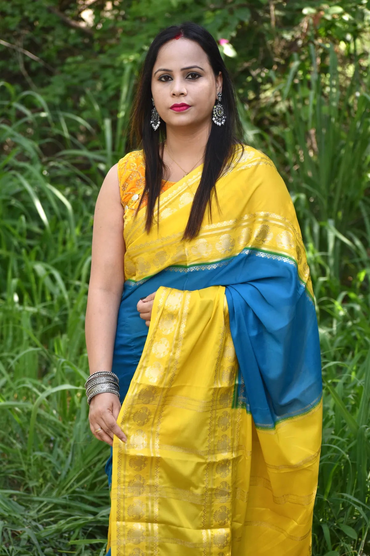 BLUE WITH YELLOW CRAPE SILK SAREE