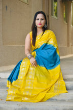BLUE WITH YELLOW CRAPE SILK SAREE