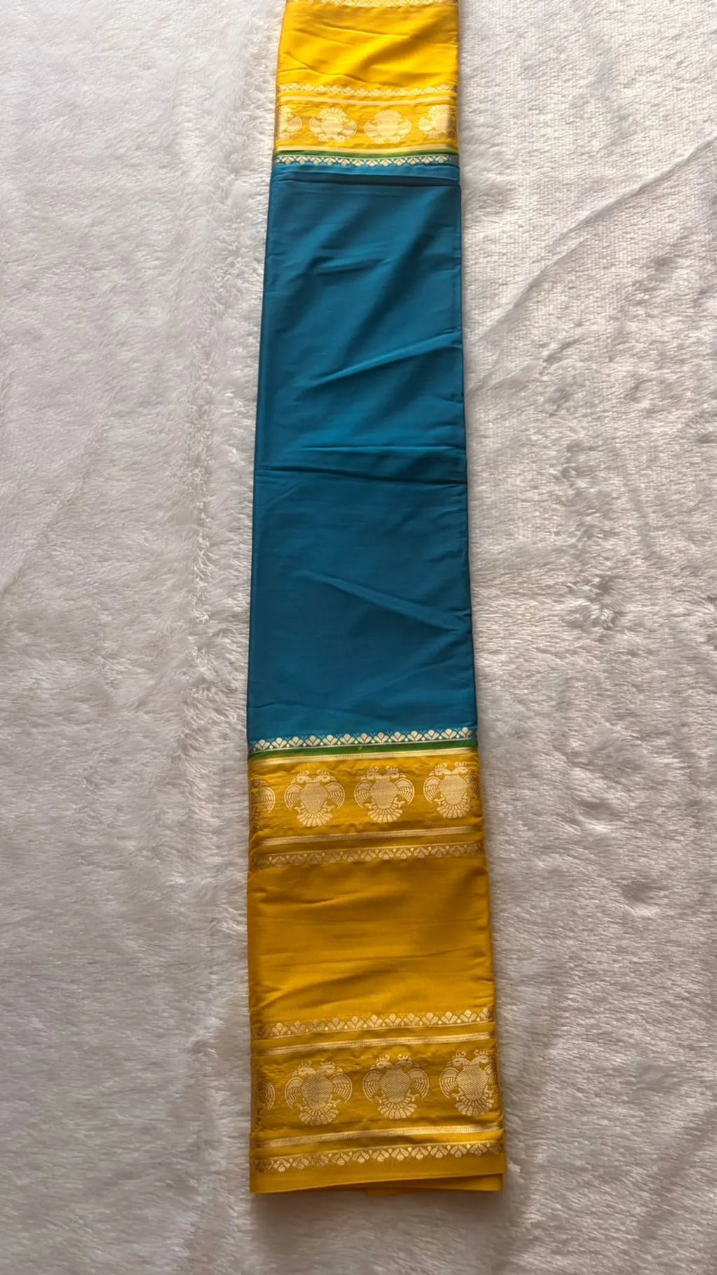 BLUE WITH YELLOW CRAPE SILK SAREE